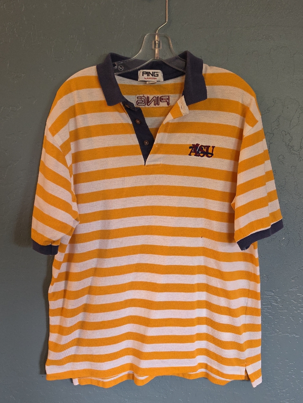 90s VTG PING ASU Men’s Yellow & White Striped Polo with Navy Trim